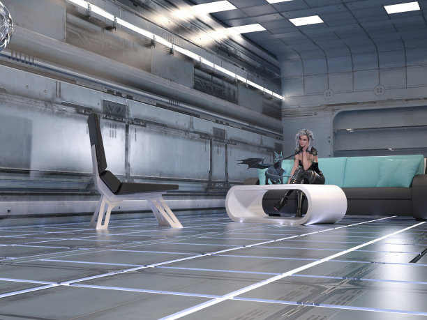 一个女人与一个小飞龙坐在一个未来的现代房间的桌子上的插图。图片下载