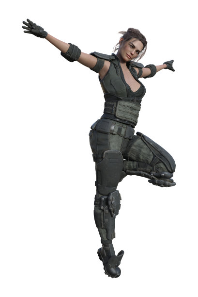 插图的未来主义女性行走与翱翔的姿态与单膝上孤立在一个白色的背景。图片下载