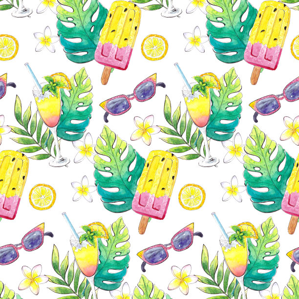 手绘水彩夏季图案。热带树叶，冰淇淋，玻璃杯，饮料图片下载