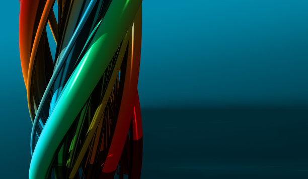 抽象彩色漩涡3D线，电缆上的蓝色梯度背景。三维渲染图片下载