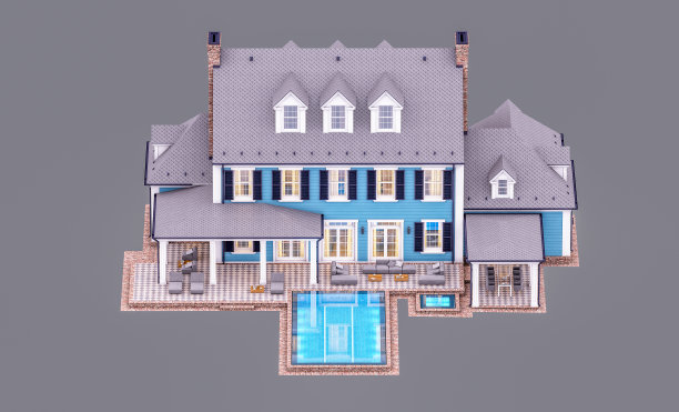 殖民风格的现代古典住宅的3d渲染，在晚上孤立在灰色上图片下载