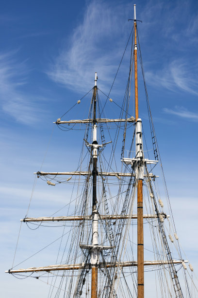 高桅船在阳光下，低角度的视角，背景与拷贝空间图片下载