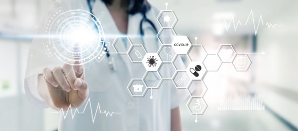 女医生手指触摸数据数字图标全息图在实验室对医院背景、病毒爆发、网络、冠状病毒、COVID-19技术、创新、医疗、未来的概念图片下载