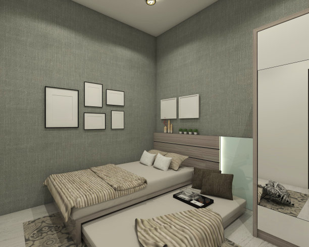 极简的儿童卧室设计，滑动床的想法和简单的木制床头板图片下载