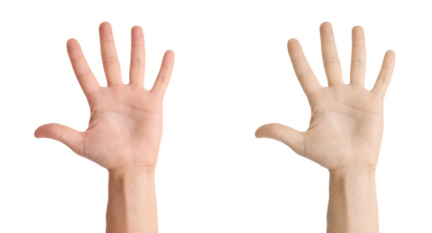 健康和生病的男人显示手掌在白色的背景，特写。贫血的症状图片下载