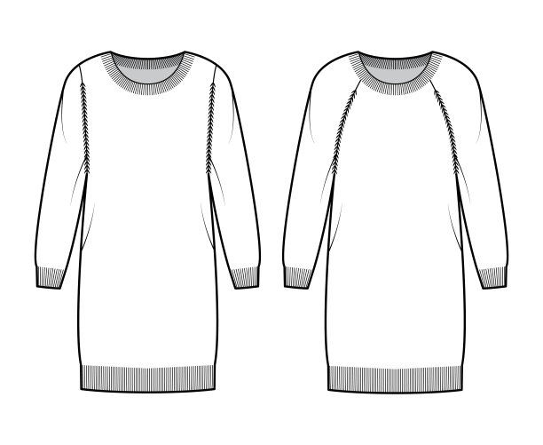 一套圆领连衣裙毛衣技术时尚插图与长吊带袖，超大的身体，针织装饰图片下载