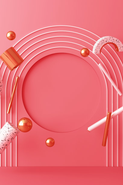 模拟几何形状的黄金和玻璃纹理与粉红色裙房的产品设计，3d渲染，3d插图垂直框架图片下载