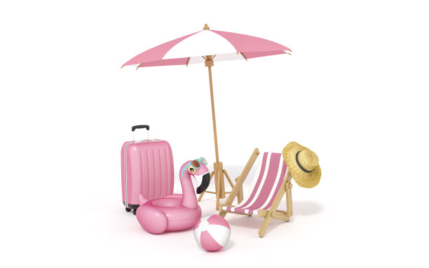 粉红色的火烈鸟漂浮，热带鸟类形状的充气游泳池环和行李与沙滩椅隔离在白色背景的3d渲染。夏季和旅行的最小概念。图片下载