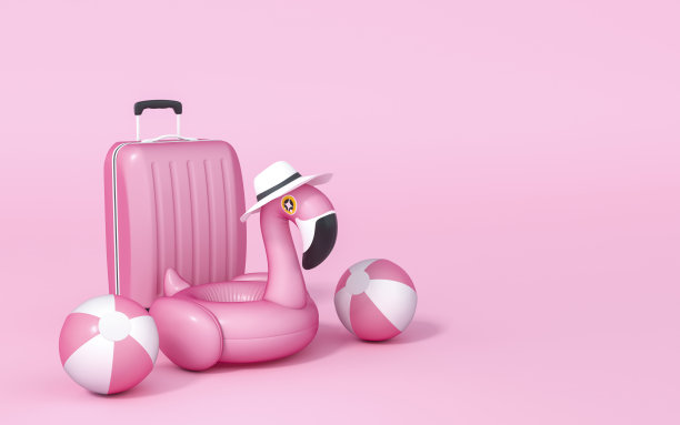 粉红色的火烈鸟漂浮，热带鸟形状的充气游泳池环与行李放在粉粉色的背景3d渲染。夏季和旅行的最小概念。图片下载