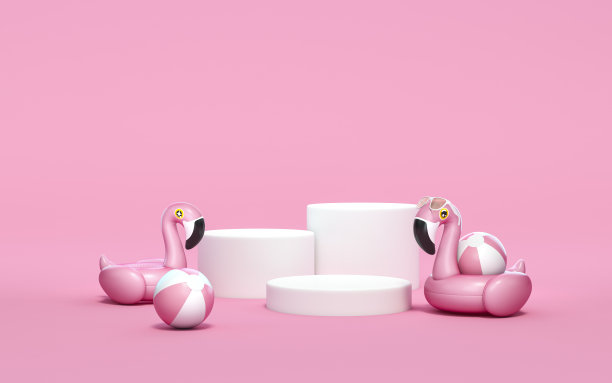 粉红色的火烈鸟漂浮，热带鸟类形状的充气游泳池环与三个白色讲台显示器站在粉彩背景3d渲染。夏季和旅行的最小概念。图片下载