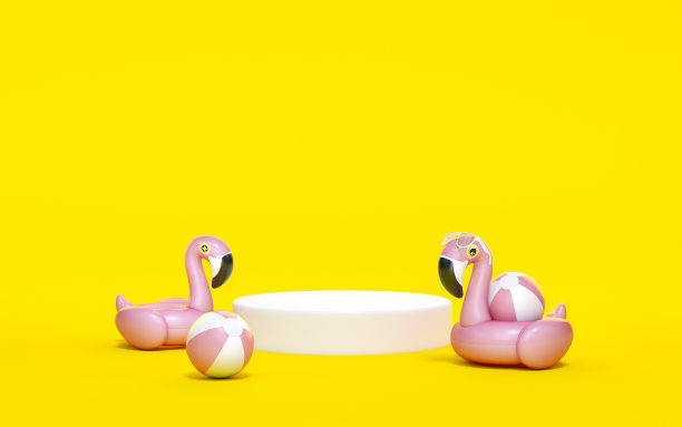 粉红色的火烈鸟漂浮，热带鸟类形状的充气游泳池环与白色讲台显示站在黄色的背景3d渲染。夏季和旅行的最小概念。图片下载