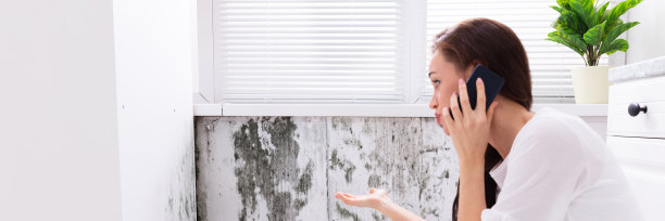 一名妇女在受损的墙壁附近求救图片下载