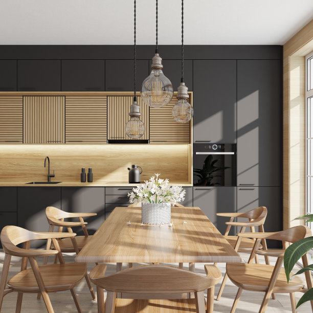 豪华简约斯堪的纳维亚厨房内饰，夏季场景图片下载