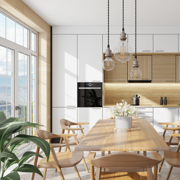 豪华简约斯堪的纳维亚厨房内饰，夏季场景图片下载