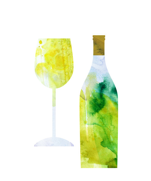 水彩抽象葡萄酒与白葡萄酒瓶和玻璃图片下载