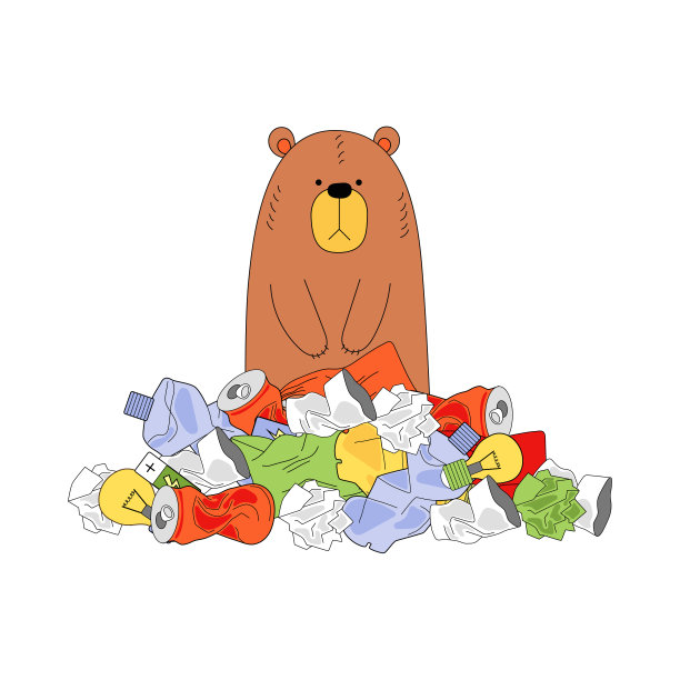 棕熊坐在一堆垃圾里。生态和废物管理问题。塑料瓶、罐、纸、杯、电池、袋等。矢量图像上的白色背景图片下载