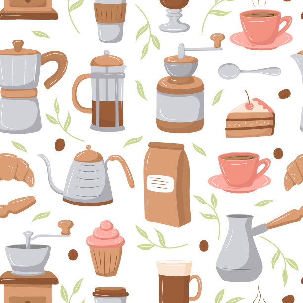 咖啡图案与各种咖啡机和甜点在一个白色的背景。矢量插图咖啡店，咖啡馆。可爱的卡通图片。图片下载
