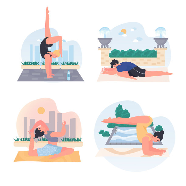 男人和女人做瑜伽的概念场景设置。人们在户外做体式，锻炼柔韧性、平衡性和运动训练。人类活动的集合。矢量插图的字符在平面设计图片下载