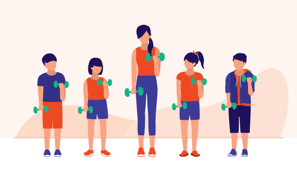 儿童哑铃训练。健身类的概念。矢量平面卡通插图。图片下载