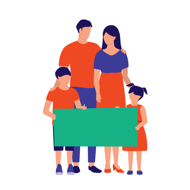 举着空白标牌的家庭。通知和公告概念。矢量平面卡通插图。图片下载