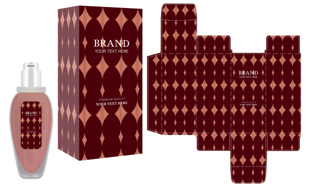 包装设计，标签香水或化妆品容器与豪华盒模板和模型盒，插图向量。图片下载