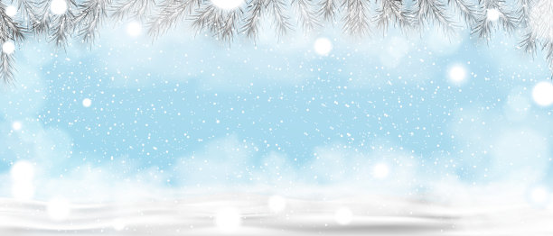 2022年圣诞和新年贺卡与自然冬季景观与多云，蓝天和大雪与松树框架，向量冬季仙境景观与美丽的雪闪烁图片下载