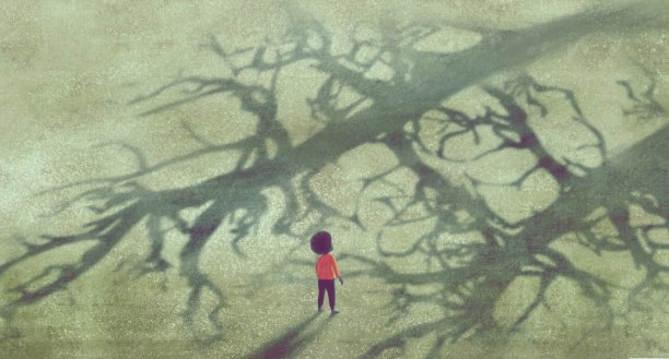 概念艺术，想象孩子的生活和希望，孤独的男孩与树影，插画，超现实艺术的孤独，人与自然图片下载