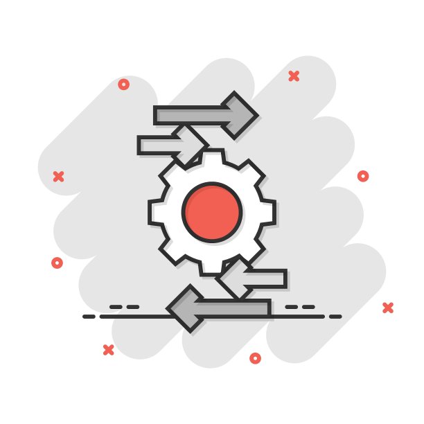 以漫画风格处理图标。箭头和齿轮卡通矢量插图在白色孤立的背景。优化喷溅效果的经营理念。图片下载