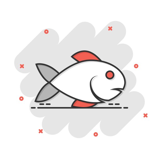 漫画风格的鱼图标。海鲜卡通矢量插图在白色孤立的背景。海兽飞溅效应经营理念。图片下载