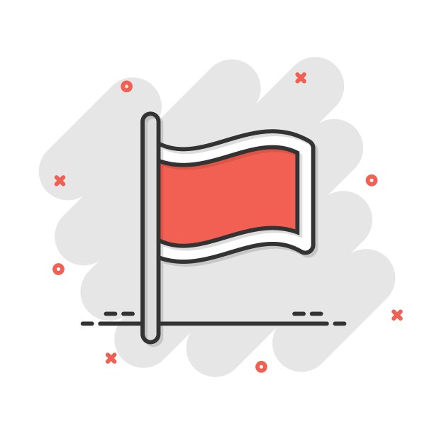 漫画风格的旗帜图标。Pin卡通矢量插图在白色孤立的背景。旗杆飞溅效应经营理念。图片下载