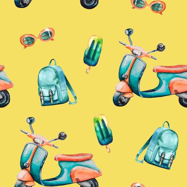 水彩手绘无缝模式与老式摩托车，背包，冰淇淋和橙色太阳镜在黄色的背景。图片下载