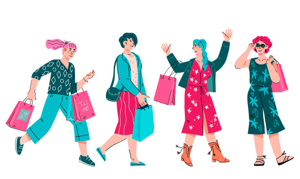 女人喜欢购物和销售。女购物者带着购物袋，病媒被隔离。图片下载