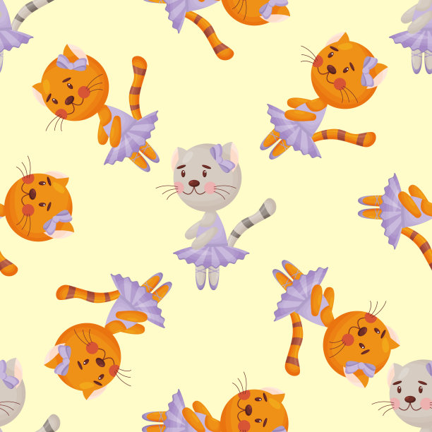 向量无缝模式在儿童风格与猫芭蕾舞者。矢量图图片下载