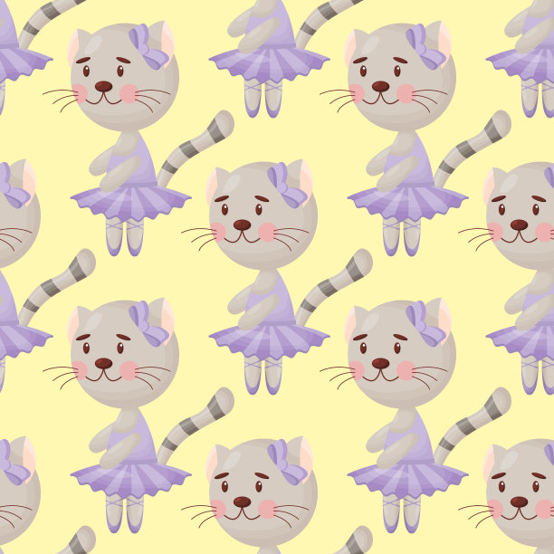 向量无缝模式在儿童风格与猫芭蕾舞者。矢量图图片下载
