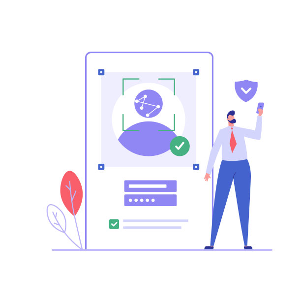 一个拿着手机站着的人，认出了一个人的脸。人脸识别的概念，人脸识别系统，生物特征识别。矢量插图在平面设计的移动应用程序图片下载