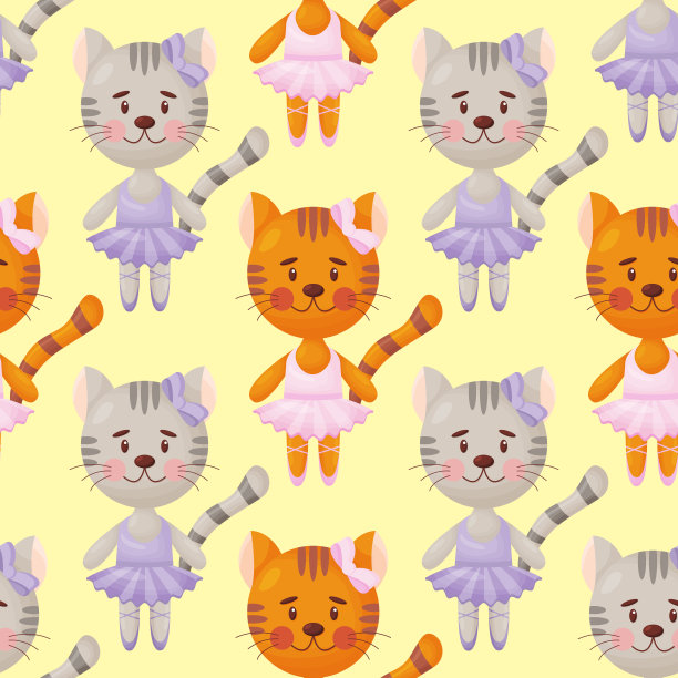 矢量无缝模式在儿童风格与猫芭蕾舞演员。矢量图图片下载