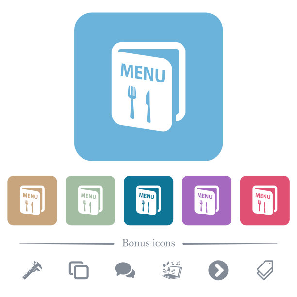 菜单与叉和刀平面图标上的颜色圆形方形背景图片下载