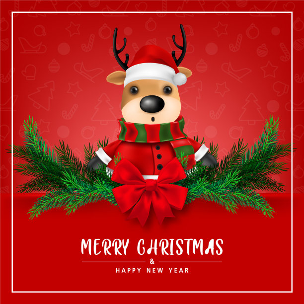 贺卡上可爱的驯鹿以红色为背景图片下载