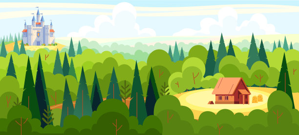 中世纪童话中神奇的景观全景有一座城堡和一个童话人物的房子在森林的中央。卡通平面风格矢量插图图片下载