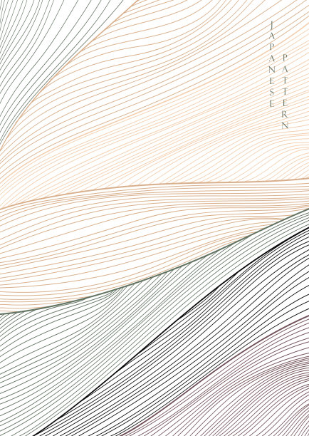 抽象艺术背景与线条模式和图标向量。自然景观装饰与亚洲传统旗帜设计复古风格。图片下载