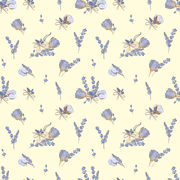 优雅的水彩画蓝色玫瑰，薰衣草，棉花和纸标签。无缝图案在温柔的黄色孤立的背景。适合农家和农舍风格的装饰。图片下载