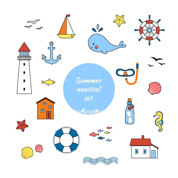 夏季航海元素设置-灯塔，鲸鱼，波浪，方向盘，波浪。图片下载