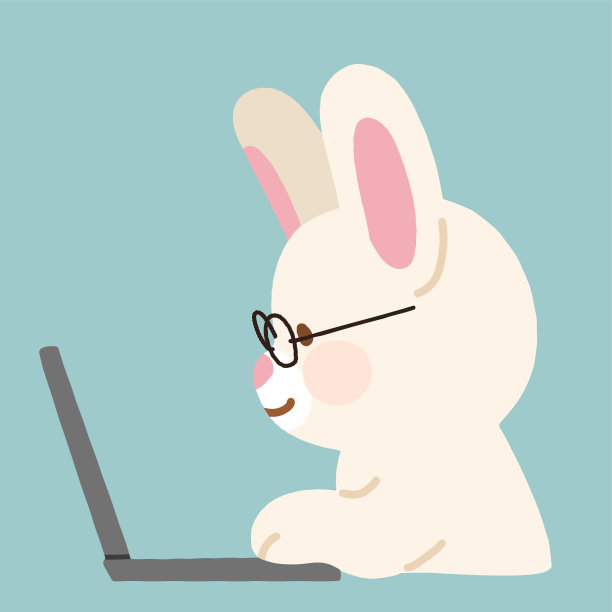 可爱的兔子与眼镜上使用笔记本电脑的平颜色图片下载