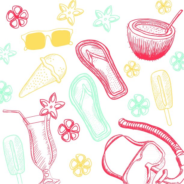 白色背景上的太阳镜，人字拖，花和鸡尾酒的插图图片下载