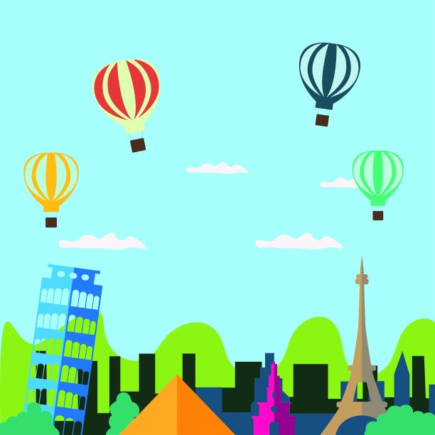 插图的多个彩色气球飞过观光地标在蓝色的背景图片下载