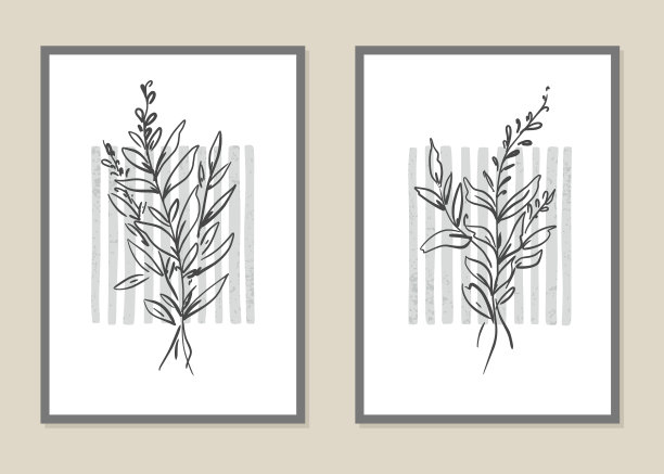 植物墙艺术向量集。抽象的花枝图案。矢量插图。图片下载