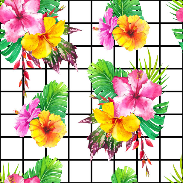 盛开的大丽花水彩无缝图案。黄色，紫色的乔治娜在黑白几何背景。花开花落，花蕾和叶子呈水彩画纹理。花包装纸设计图片下载