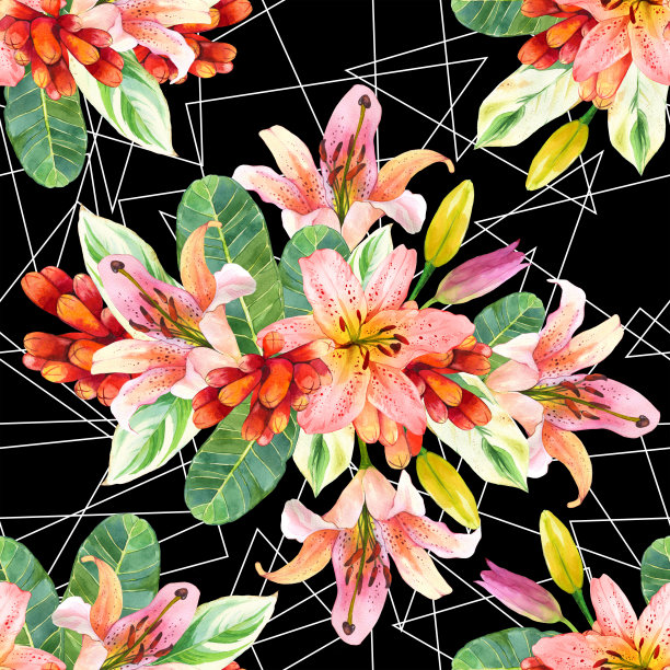 奇异花束水彩无缝图案。虎百合与花蕾在黑白几何背景。热带花束与手绘榕树叶纹理。花包装纸设计图片下载