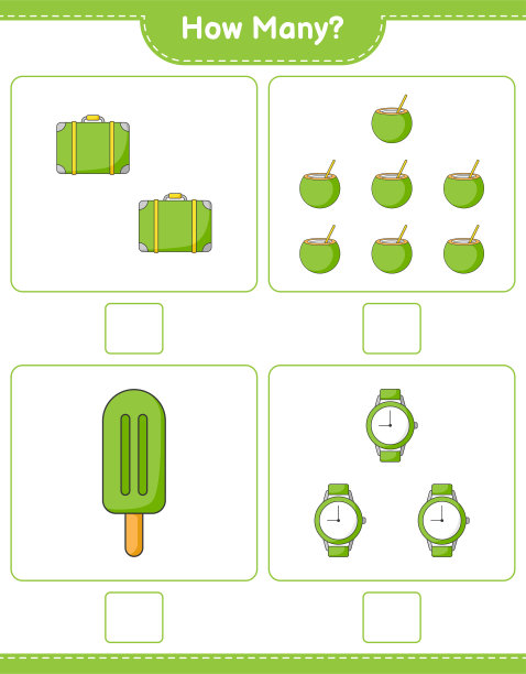 数游戏，多少行李，椰子，冰淇淋，和手表。教育儿童游戏，可打印的工作表，矢量插图图片下载
