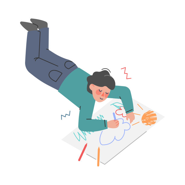 可爱的男孩躺在地板上，用铅笔在纸上画画，这是儿童的创意爱好，卡通矢量插图图片下载